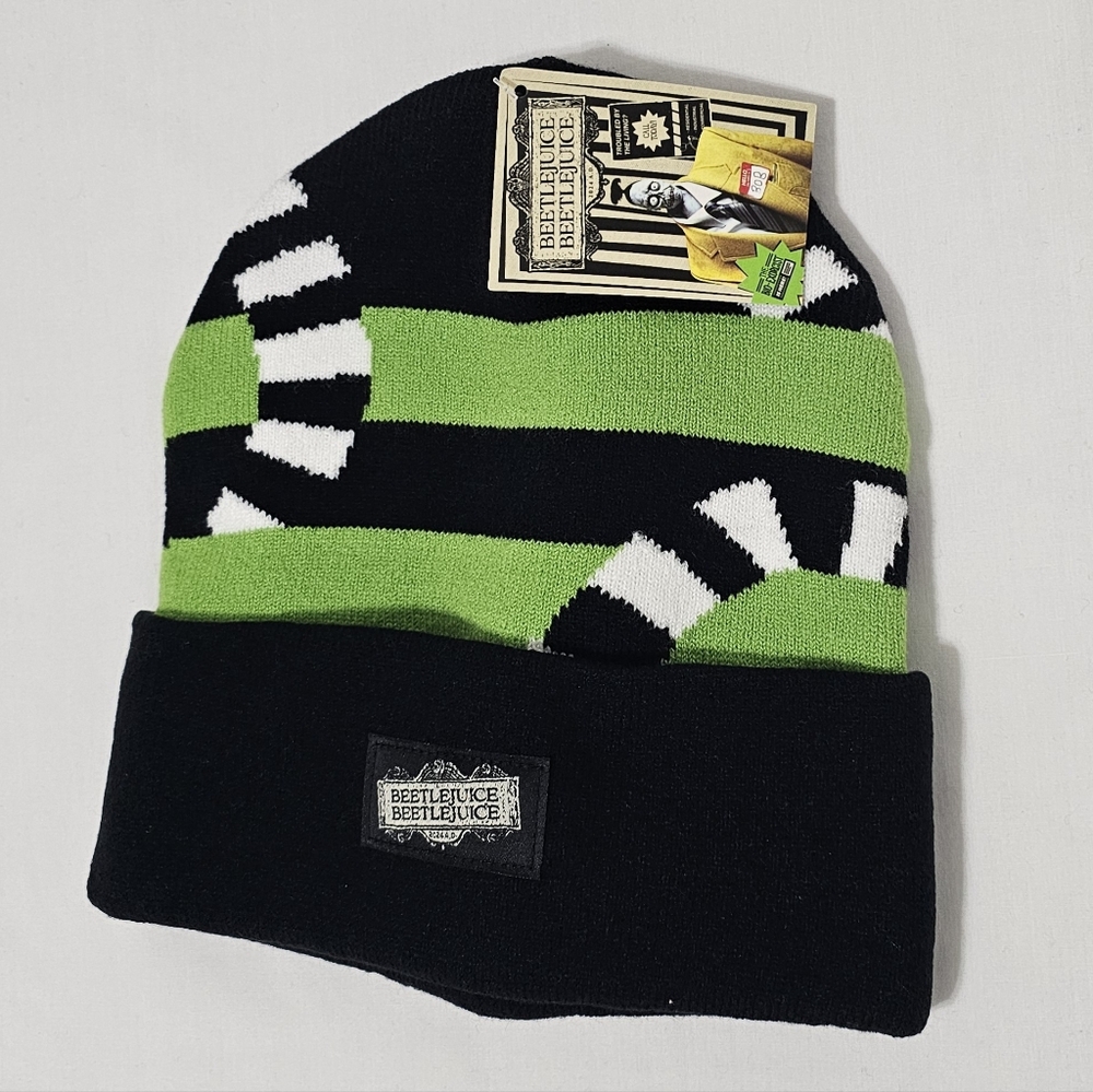 BeetleJuice Green and Black Striped Costume Halloween Beanie Nwt